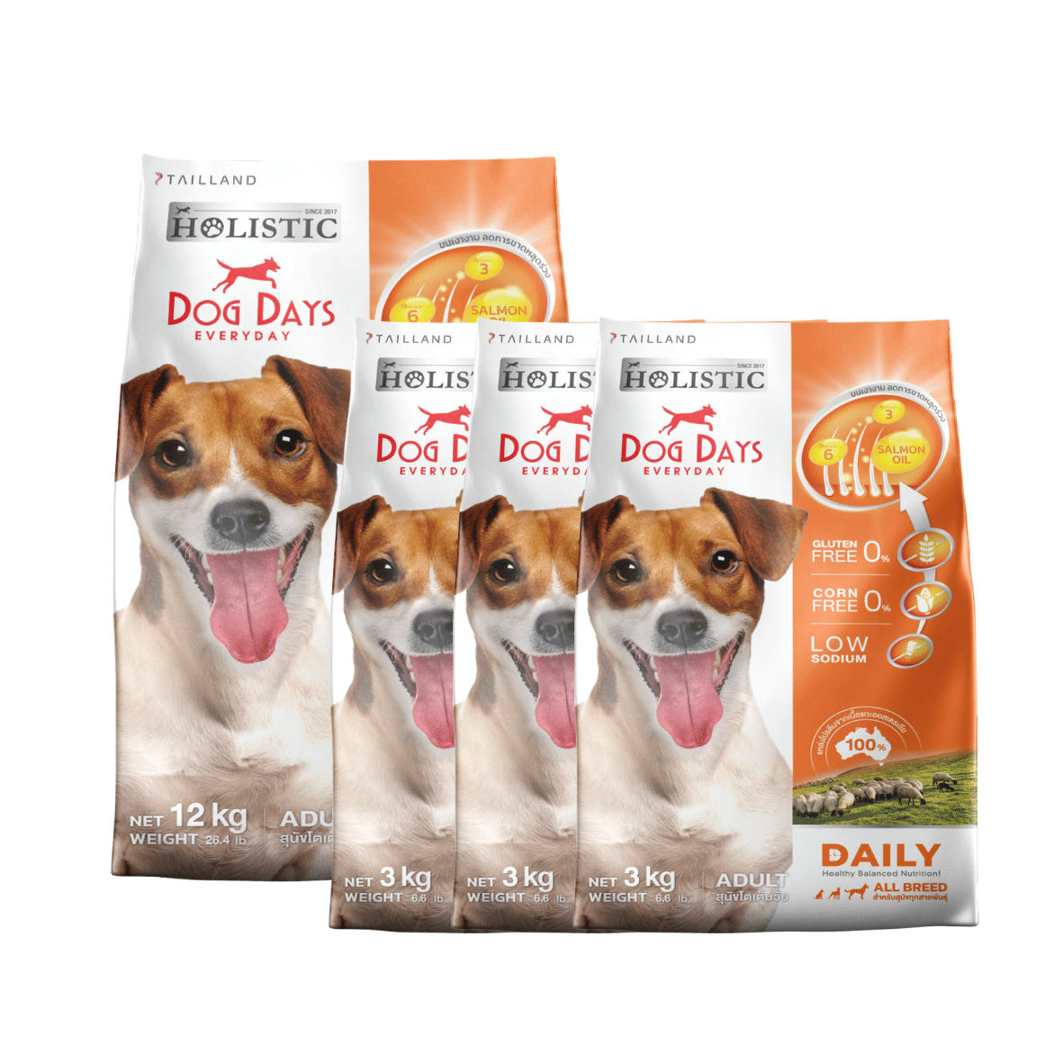 อาหารเม็ดสำหรับสุนัข DOG DAYS DAILY เกรดโฮลิสติก รสเนื้อแกะ สูตรลดขนร่วงโดยเฉพาะ 12 กก.(X1) และ 3 กก.(X3) (ชุด 4 ถุง)_0